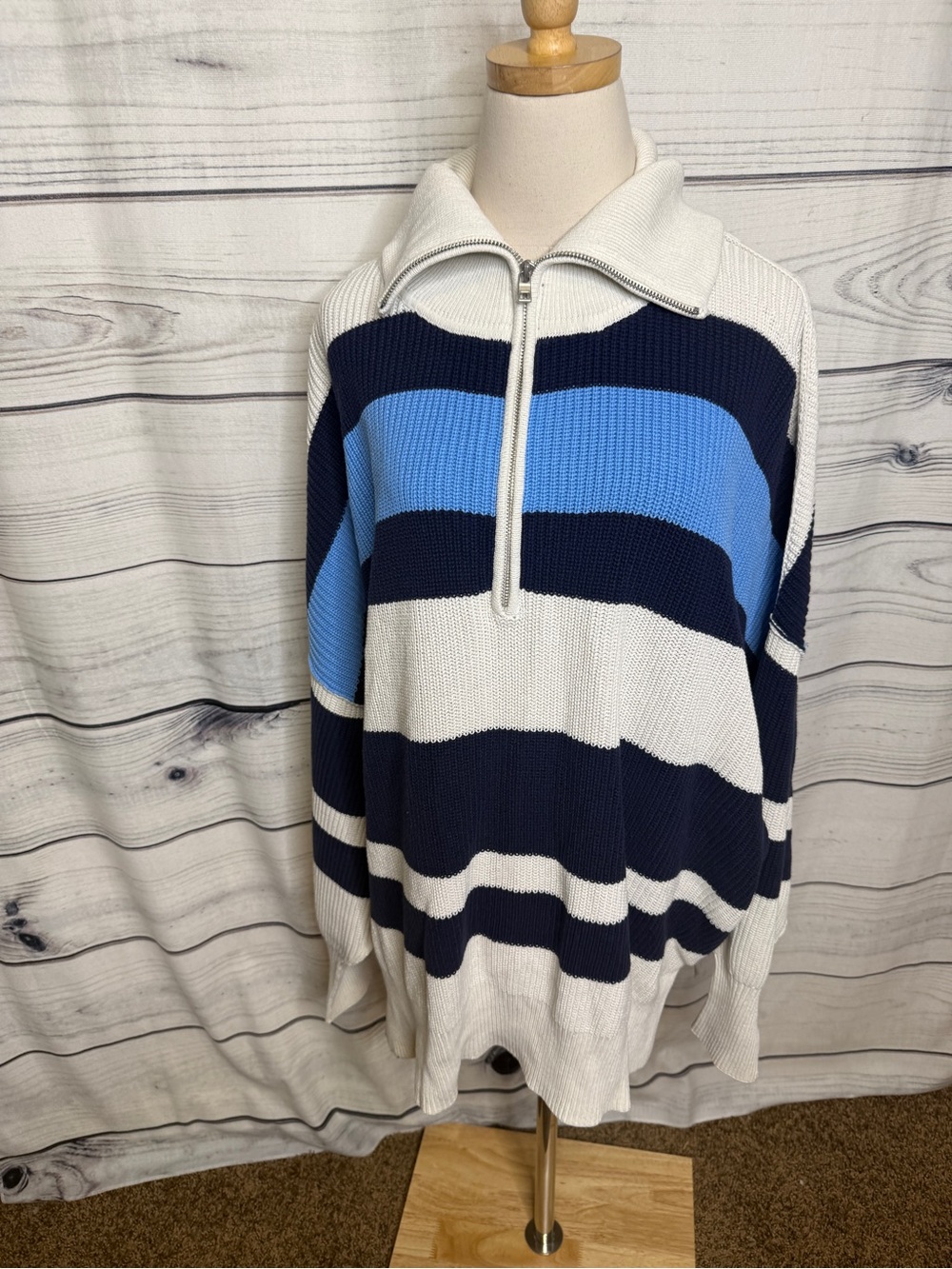 aerie Women's Striped Half-Zip Sweater - Navy, Light Blue & White